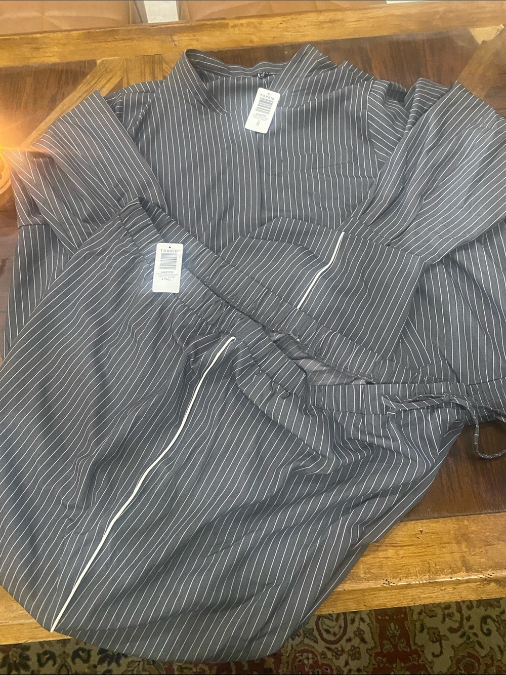 torrid Gray Pinstripe matching grey and white jacket and pants.